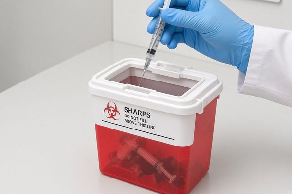 Gloved hand placing a used syringe in a sharps container