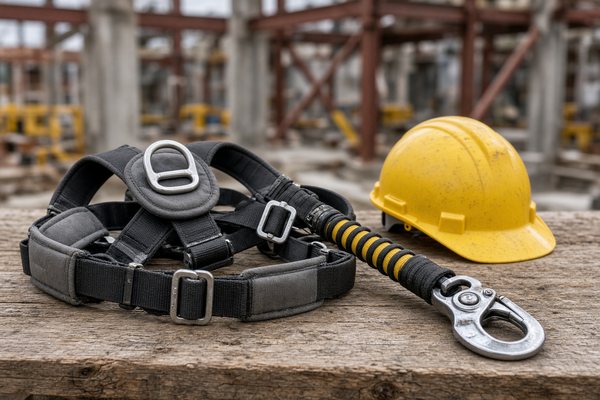 Full-body fall protection harness with a shock-absorbing lanyard and snap hook beside a yellow hard hat