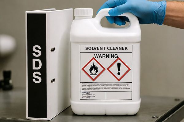 Chemical container with a GHS label beside a safety data sheet binder