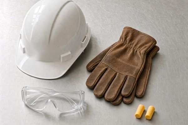 Hard hat, safety glasses, work gloves and earplugs
