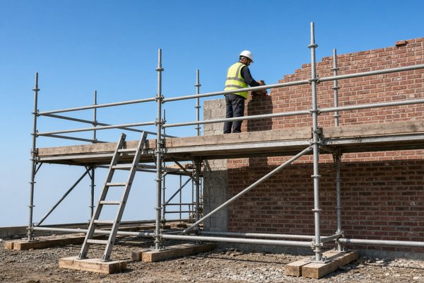 Mason working on a planked scaffold platform with guardrails against a brick wall