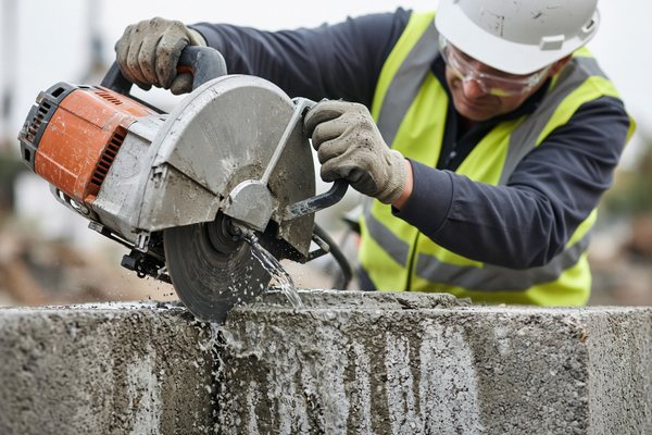 Worker cutting a concrete block with a cut-off saw that feeds water to the blade